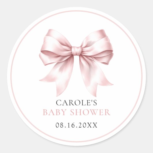 Blush Pink Bow Baby Girl Babydusche Runder Aufkleber (Vorderseite)