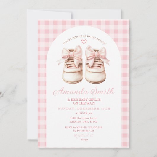 Blush Pink Bow Baby Shows Gingham Arch Baby Shower Einladung (Vorderseite)