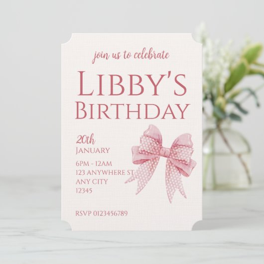 Blush Pink Bow Birthday  Einladung (Stehend Vorderseite)
