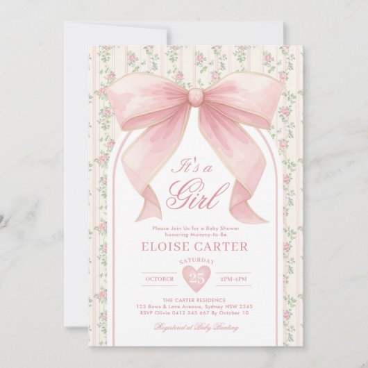 Blush Pink Bow Coquette Girl Babydusche Einladung (Vorderseite)