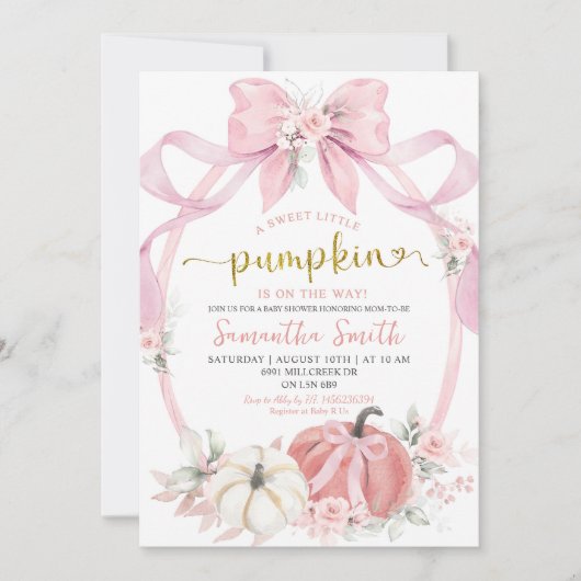 Blush Pink Bow Coquette Pumpkin Girl Babydusche Einladung (Vorderseite)