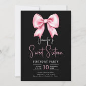 Blush Pink Bow Coquette Script Sweet 16 Black Einladung (Vorderseite)