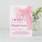 Blush Pink Bow Elegant Twenty 20th Birthday Einladung (Stehend Vorderseite)