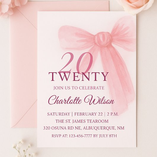 Blush Pink Bow Elegant Twenty 20th Birthday Einladung