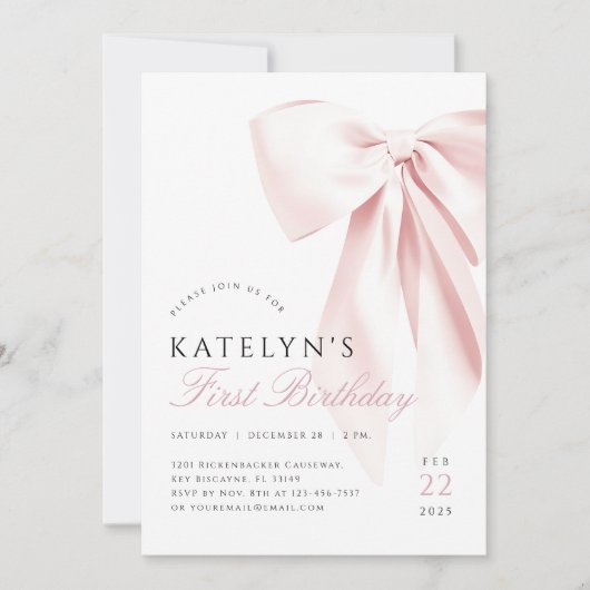 Blush Pink Bow Erster Geburtstag Einladung (Vorderseite)