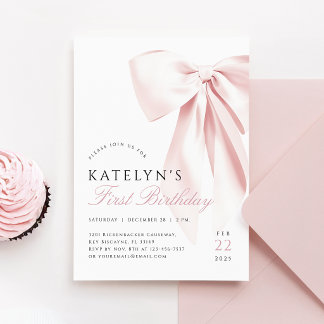Blush Pink Bow Erster Geburtstag Einladung