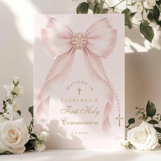 Blush pink Bow First Holy Communion Welcome Poster