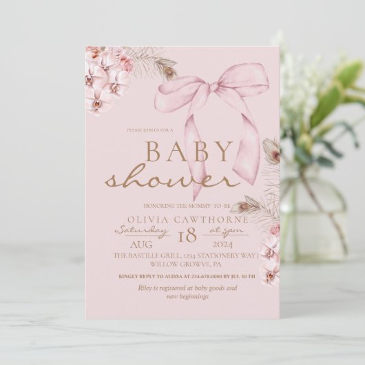 Blush Pink Bow Floral Baby Dusche Einladung (Stehend Vorderseite)