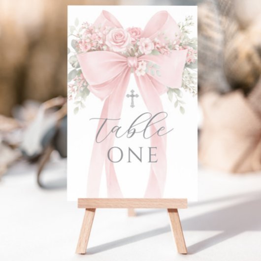 Blush Pink Bow Floral Baptism Table Number Einladung