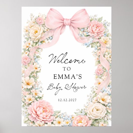 Blush Pink Bow Floral Coquette Baby Shower Welcome Poster (Vorne)