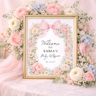Blush Pink Bow Floral Coquette Baby Shower Welcome Poster
