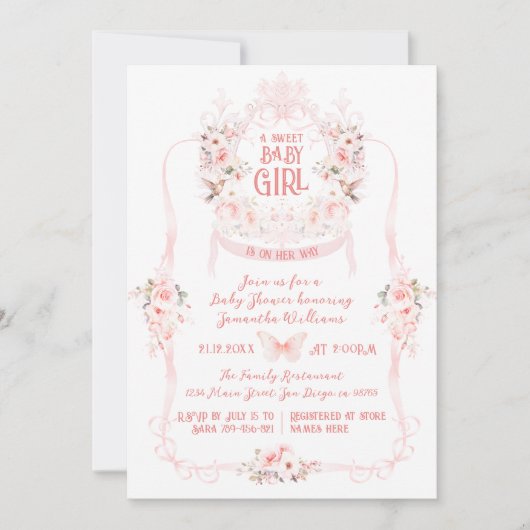 Blush Pink Bow & Floral Sweet Baby Girl Dusche Einladung (Vorderseite)