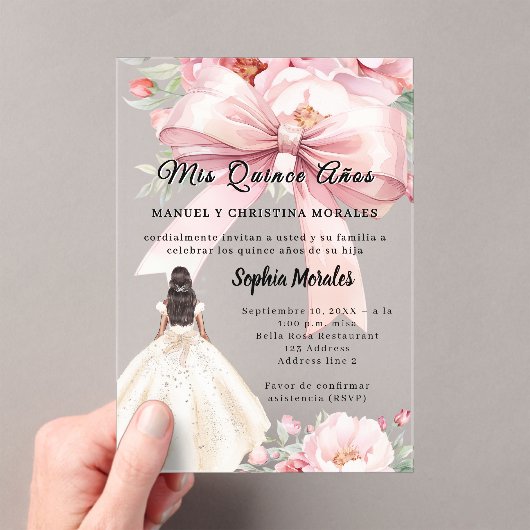 Blush pink bow florals dress Quinceanera clear Acryleinladungen (Insitu (Handheld))