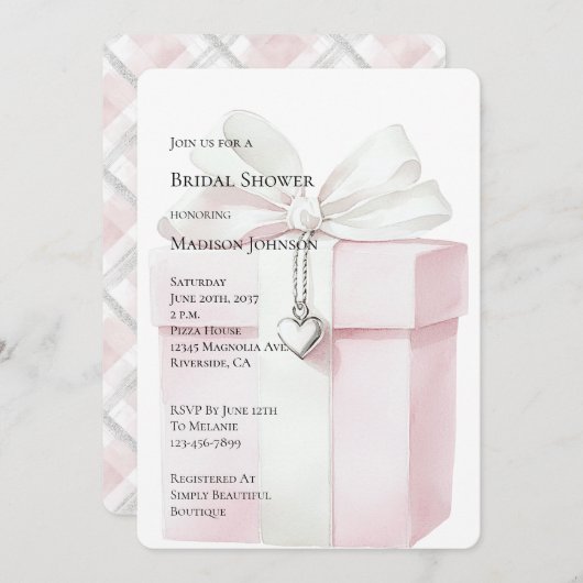 Blush Pink Bow Geschenk Herz Charm Brautparty Einladung (Vorne/Hinten)