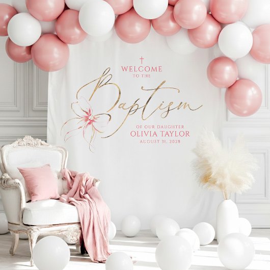 Blush Pink Bow Girl Baptism Photo Backdrop Welcome Wandteppich