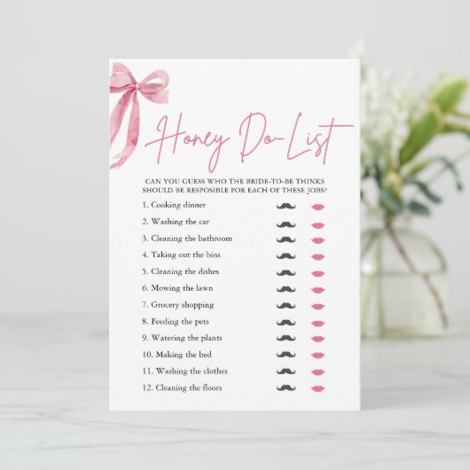 Blush Pink Bow Honey Do List Brautparty Game Einladung (Stehend Vorderseite)