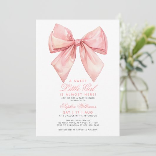 Blush Pink Bow Little Girl Baby Dusche Einladung (Stehend Vorderseite)