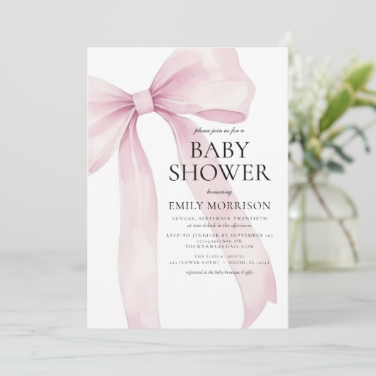 Blush Pink Bow Modern Girl Baby Dusche Einladung (Stehend Vorderseite)