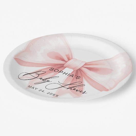 Blush Pink Bow Moderne Babydusche Pappteller (Schrägansicht)
