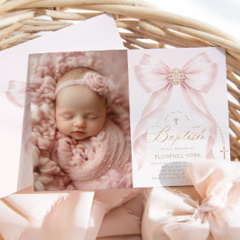 Blush Pink Bow Pearls Gold Cross photo Baptism Einladung