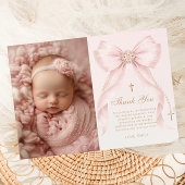 Blush Pink Bow Photo Baptism Thank you Card Einladung