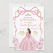 Blush Pink Bow Princess Gold Crown Quinceañera Einladung (Vorderseite)