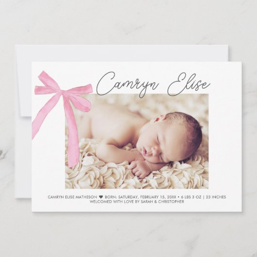 Blush Pink Bow Ribbon Baby Girl Signature & Foto Dankeskarte (Vorderseite)