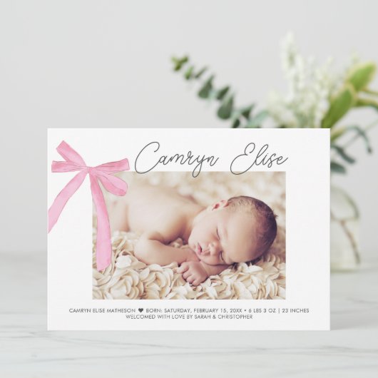 Blush Pink Bow Ribbon Baby Girl Signature & Foto Dankeskarte (Stehend Vorderseite)