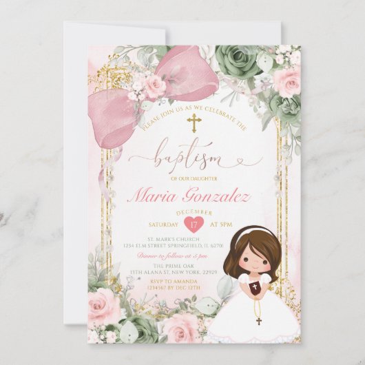 Blush Pink Bow & Sage Green Floral Girl Baptism Einladung (Vorderseite)