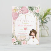 Blush Pink Bow & Sage Green Floral Girl Baptism Einladung (Stehend Vorderseite)
