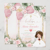 Blush Pink Bow & Sage Green Floral Girl Baptism Einladung (Vorne/Hinten)