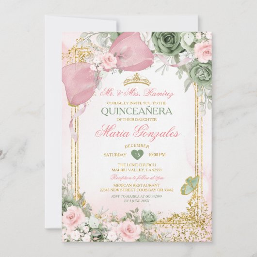 Blush Pink Bow & Sage Green Floral Quinceañera Einladung (Vorderseite)
