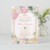 Blush Pink Bow & Sage Green Floral Quinceañera Einladung (Stehend Vorderseite)