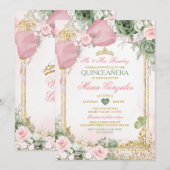 Blush Pink Bow & Sage Green Floral Quinceañera Einladung (Vorne/Hinten)