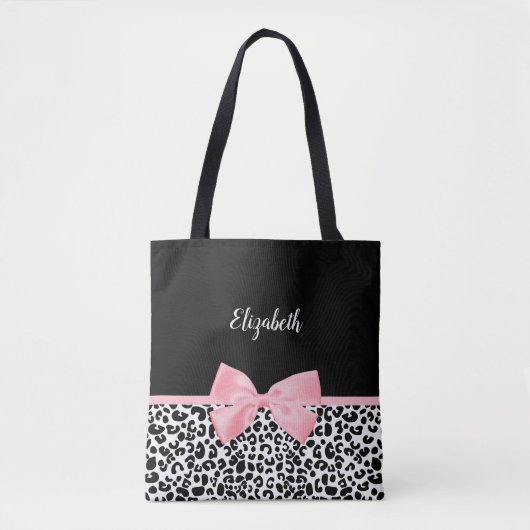 Blush Pink Bow Schwarz-weiß Leopard Druckmuster Tasche (Vorderseite)