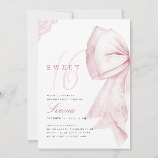 Blush Pink Bow Sweet 16 Birthday Einladung (Vorderseite)