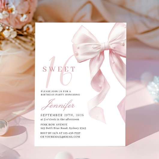 Blush Pink Bow Sweet 16 Birthday Invitation Einladung