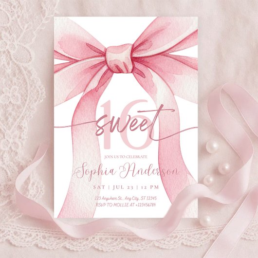 Blush Pink Bow Sweet 16 Invitation Einladung