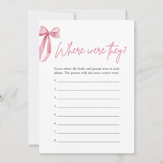 Blush Pink Bow, wo sie Brautparty Game waren Einladung (Vorderseite)