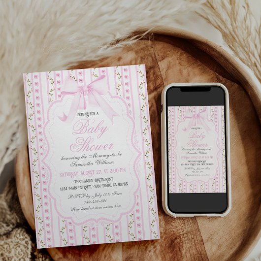 Blush Pink Bows Floral Elegante Girl Baby Dusche Einladung