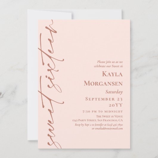 Blush Pink & Brass Kalligraphie Sweet 16 Einladung (Vorderseite)