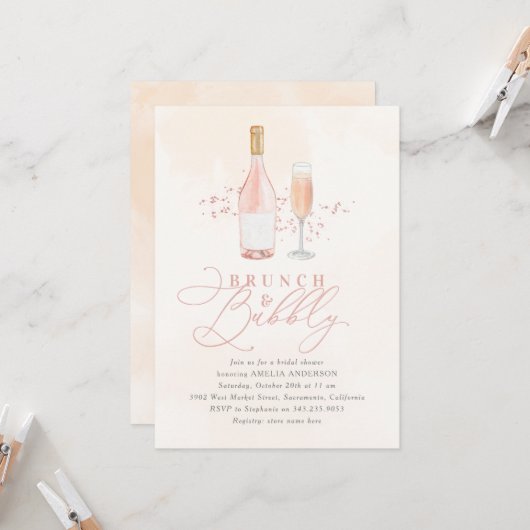 Blush Pink Brunch Bubbly Brautparty Einladung (Vorderseite/Rückseite Beispiel)