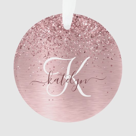 Blush Pink Brushed Metal Glitter Monogram Name Ornament (Vorderseite)