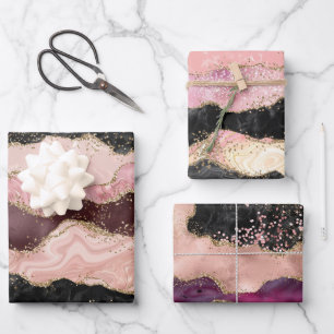 Blush Pink Burgundi Gold Black Glitzer Geschenkpapier Set
