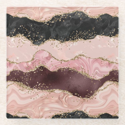 Blush Pink Burgundi Gold Black Glitzer Glasuntersetzer (Vorderseite)