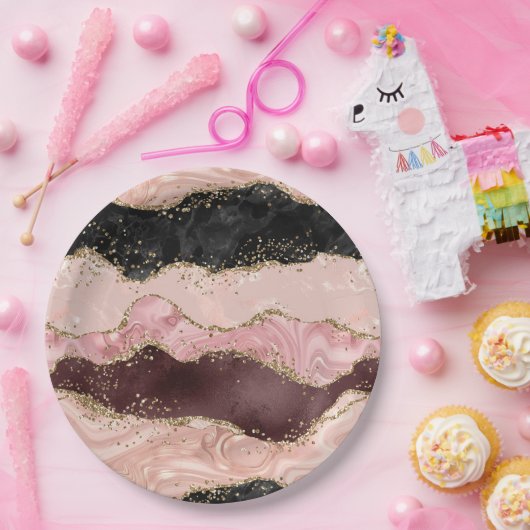Blush Pink Burgundi Gold Black Glitzer Pappteller (Party)