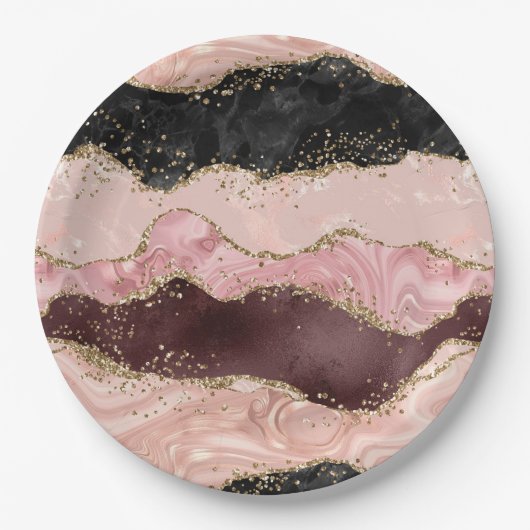 Blush Pink Burgundi Gold Black Glitzer Pappteller (Vorderseite)