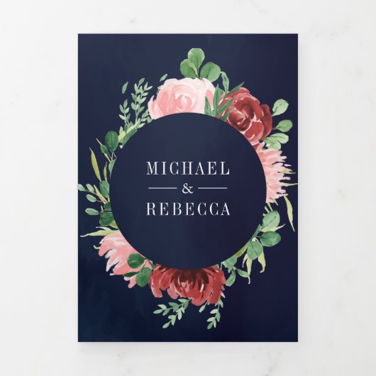 Blush Pink Burgundy Bloral Navy Blue Wedding Dreifach Gefaltete Einladung (Cover)