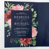 Blush Pink Burgundy Bloral Navy Blue Wedding Dreifach Gefaltete Einladung (Innen Erste Seite)