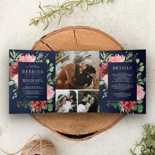 Blush Pink Burgundy Bloral Navy Blue Wedding Dreifach Gefaltete Einladung